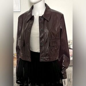 Boden Faux Patent Leather Jacket Cropped Lined in Burgundy Oversized Fit Size 8